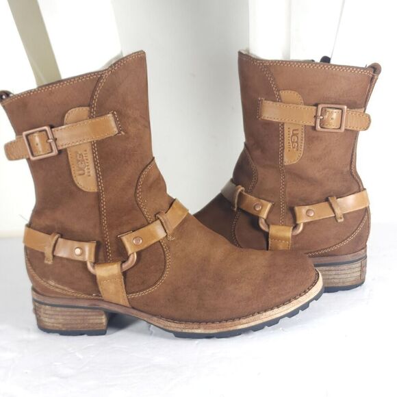 Ugg Women's Endell US 7 Brown Suede Sheepskin Lined Side Zip Moto Biker boots - Picture 10 of 16
